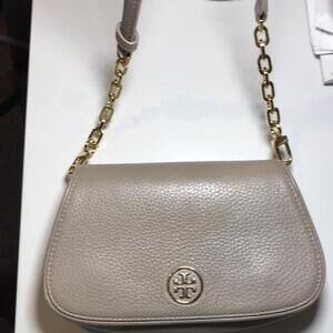 Tory Burch - Gray Heron Pebbled Leather Crossbody Bag with Gold Chain